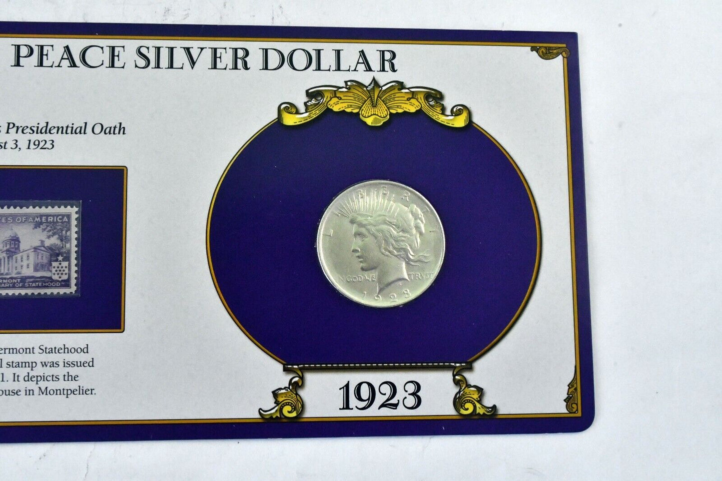 U S Postal Commemorative 1923 $1 Peace Silver Dollar Coolidge Stamp Vermont