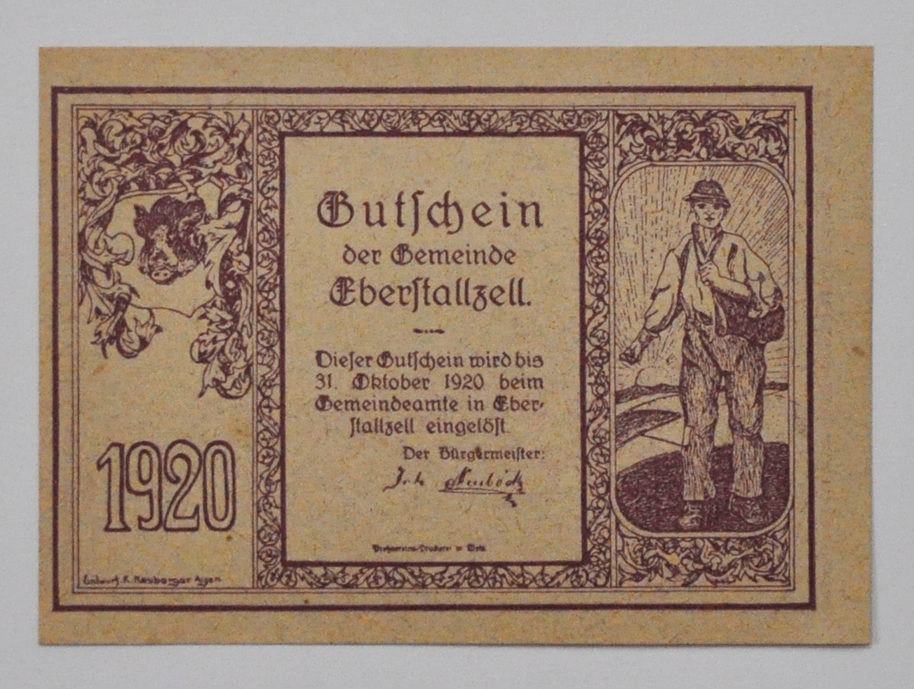 1920 50 Heller Austria Notgeld Banknote Eberstalzell Uncirculated