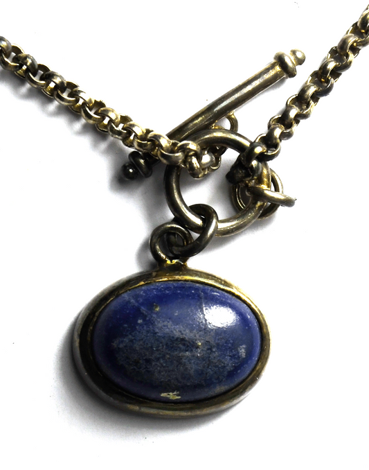 Sterling Silver LT Oval 20mm Blue Lapis Pendant Toggle 3mm 17.5" Rolo Necklace