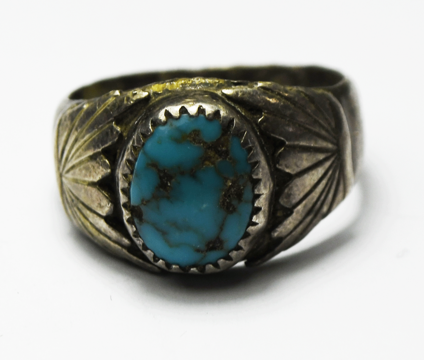 Sterling Silver Vintage Turquoise Oval Feather Edge Ring 14mm Size 10.75
