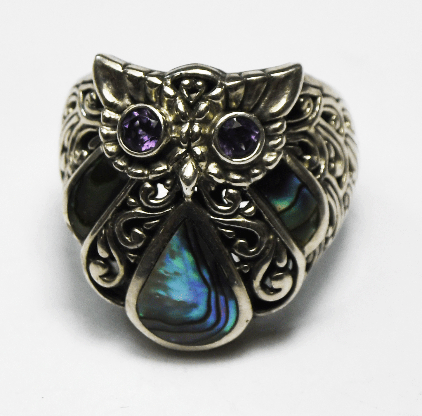 Sterling Silver Samuel B Behnam Abalone Amethyst Owl Ring 33mm Size 7.5