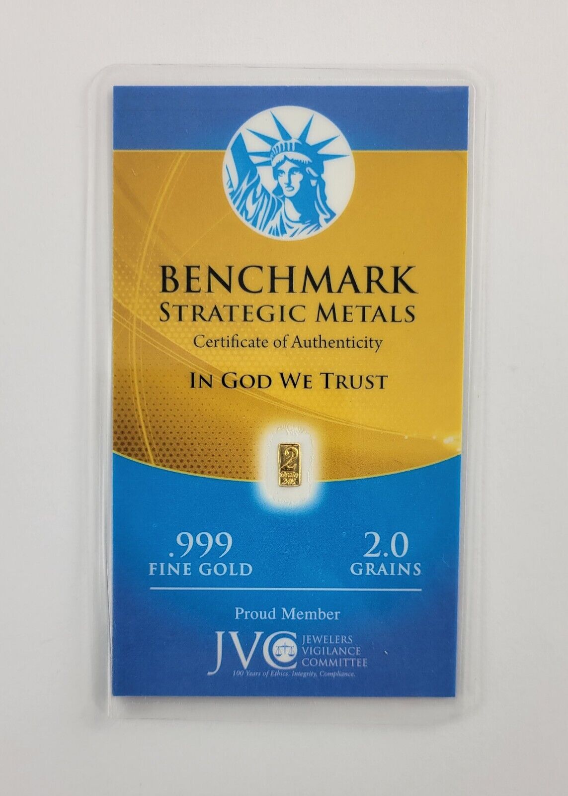 2 Grain .999 FINE GOLD BAR BENCHMARK STRATEGIC METALS Certified USA Sealed