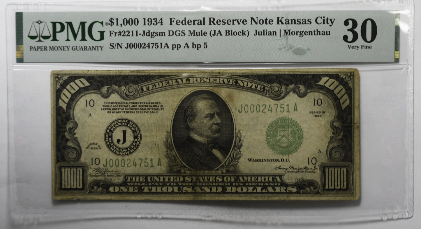 1934 $1000 Federal Reserve Note J00024751A Fr#2211J DGS Mule PMG 30 Stains KC