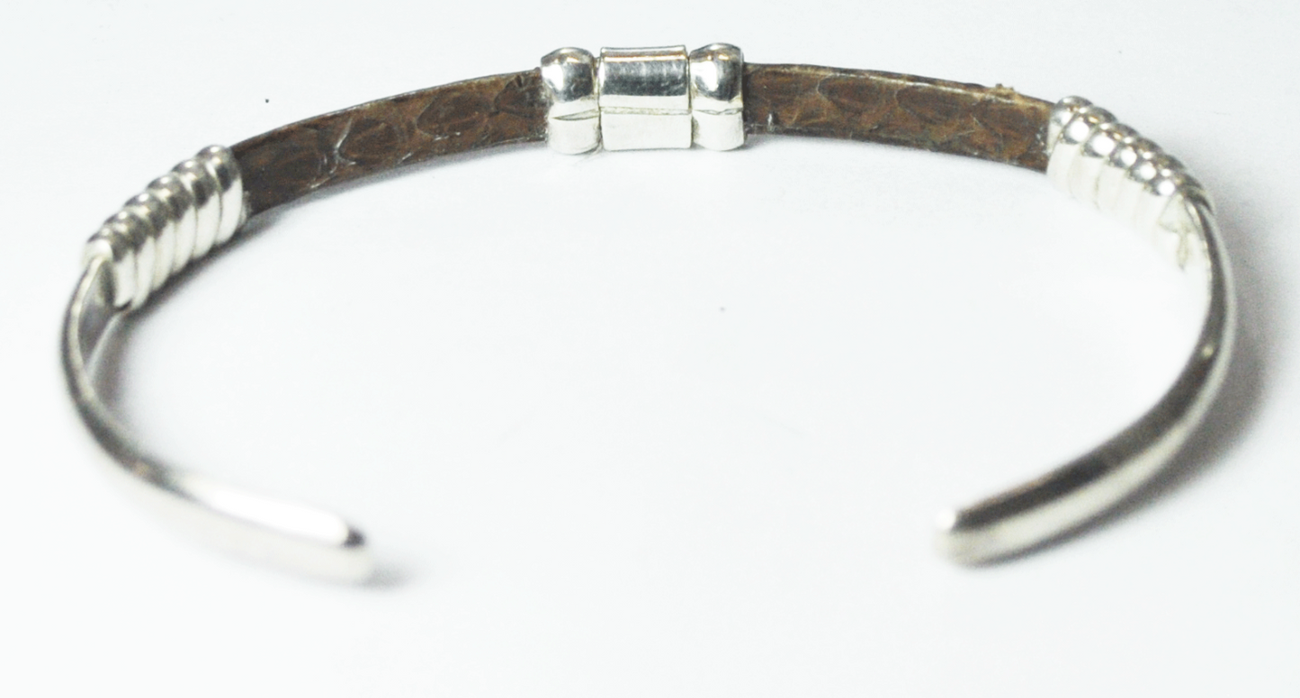 Sterling Silver Mexico TV-100 Brown Snakeskin Cuff Bracelet 7mm 7-1/4" Wrist