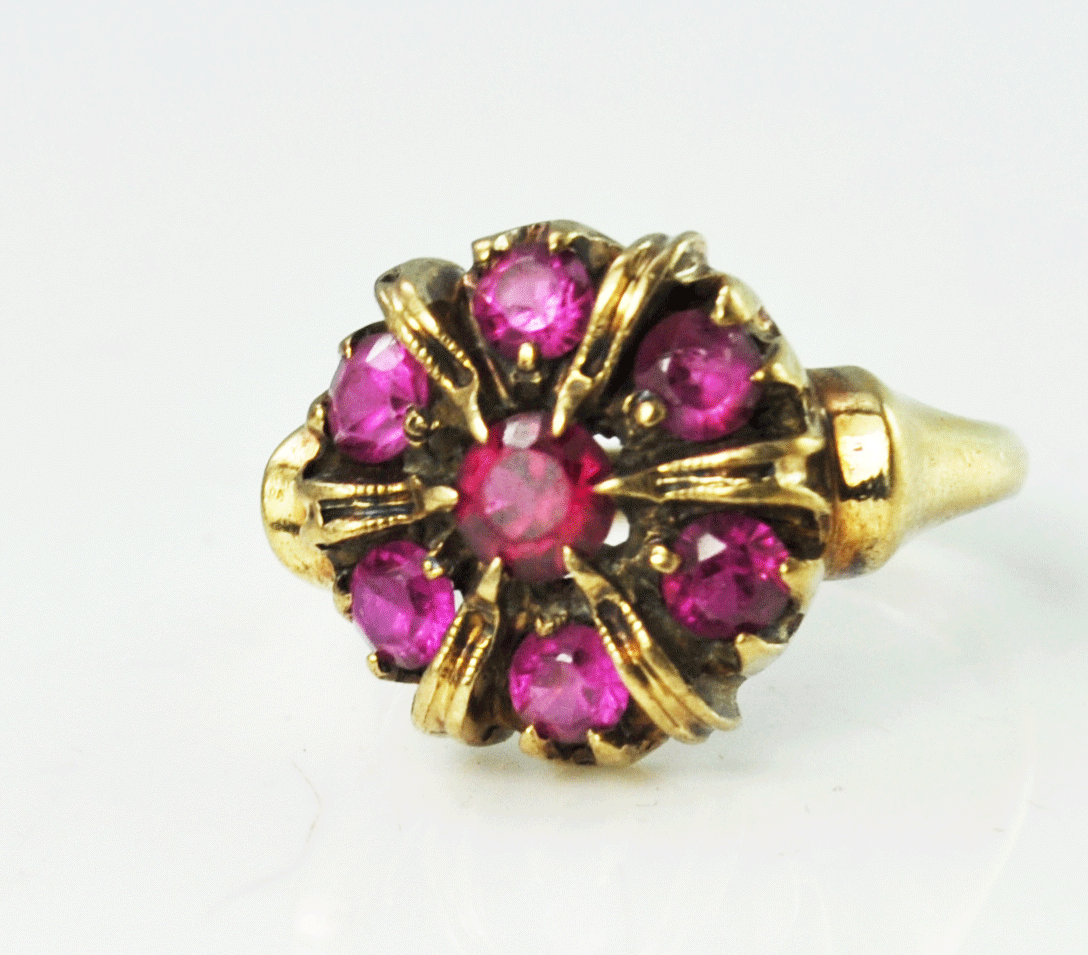 Beautiful 10k Yellow Gold Antique 7 Ruby Cluster Deco Ring 14mm Size 6.5