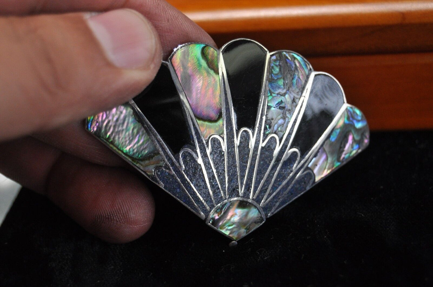 Vintage Mexico Sterling Mother of Pearl/Onyx Inlay Fan Brooch Pin Pendant Nice!