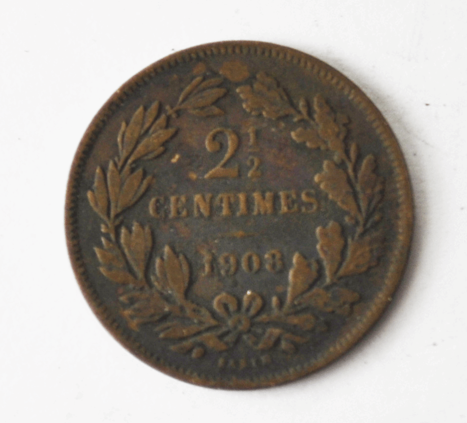 1908 u Luxembourg 2-1/2 Two and a Half Centimes KM# 21 Bronze Coin Low Mintage