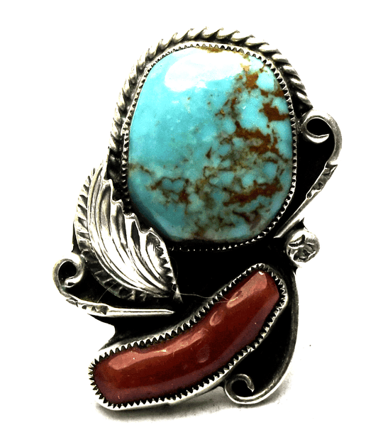 Sterling Silver M&J CY Turquoise & Coral Floral Ring 38mm Size 8