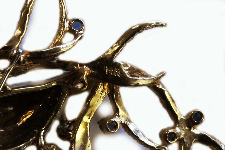 Vintage 14kt Gold and .70ct Sapphire Brooch of Enameled Turtle Dove Birds 2-3/8"