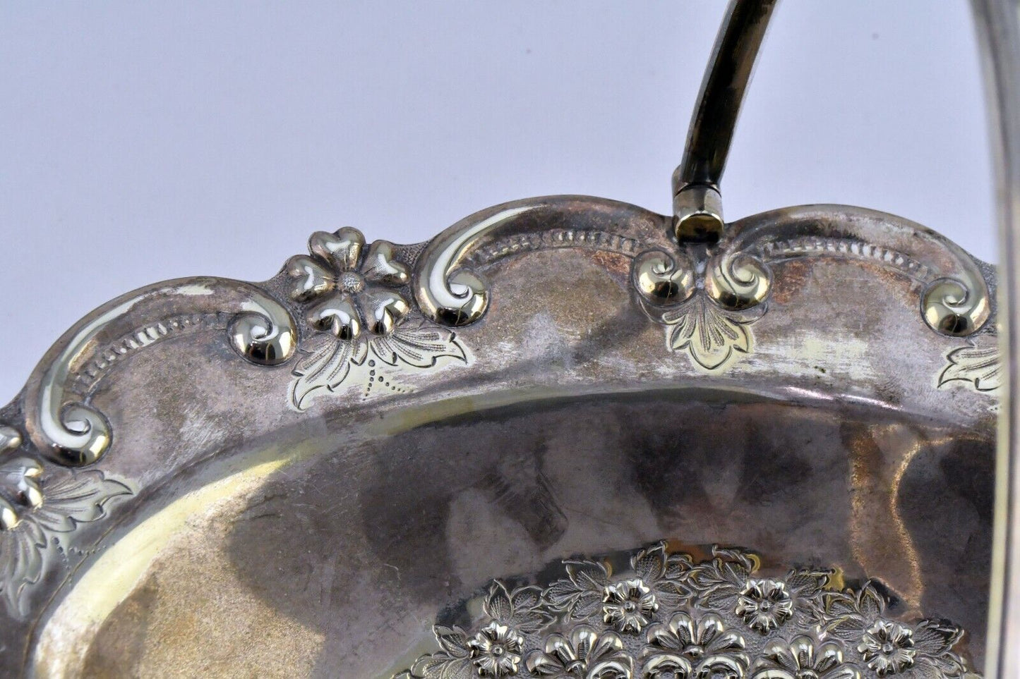 EJF #6227 Silver Plate 12" Wide Ornate Floral Centerpiece Bowl w/Handle 10" Tall
