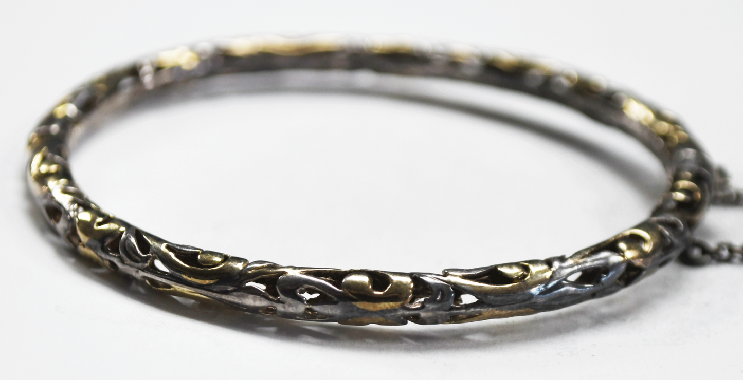 Sterling Silver Filigree 4mm Small Bangle Two Tone Oval Bracelet