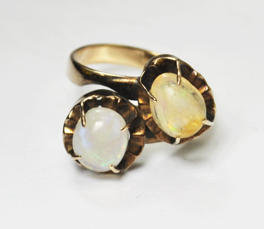 14kyg Antique Translucent Double Opal Bypass Ring 14mm Size 5