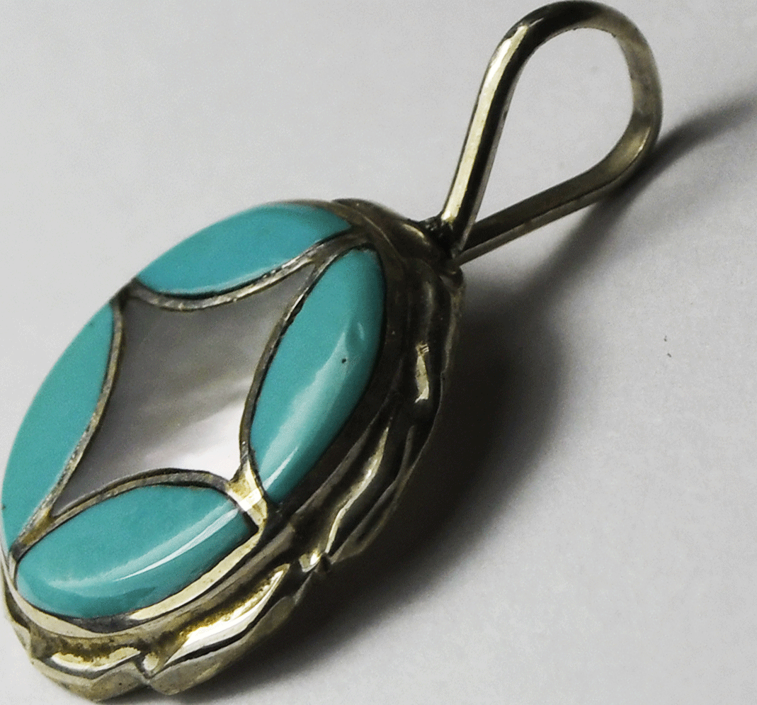 Sterling Silver MOP Turquoise Inlay Round Pendant 24mm x 15mm