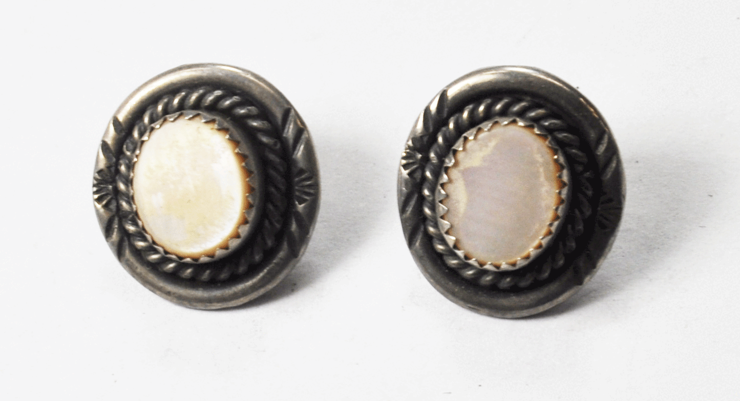 Sterling Silver Pink MOP Signed PN Oval Earrings 19mm x 18mm