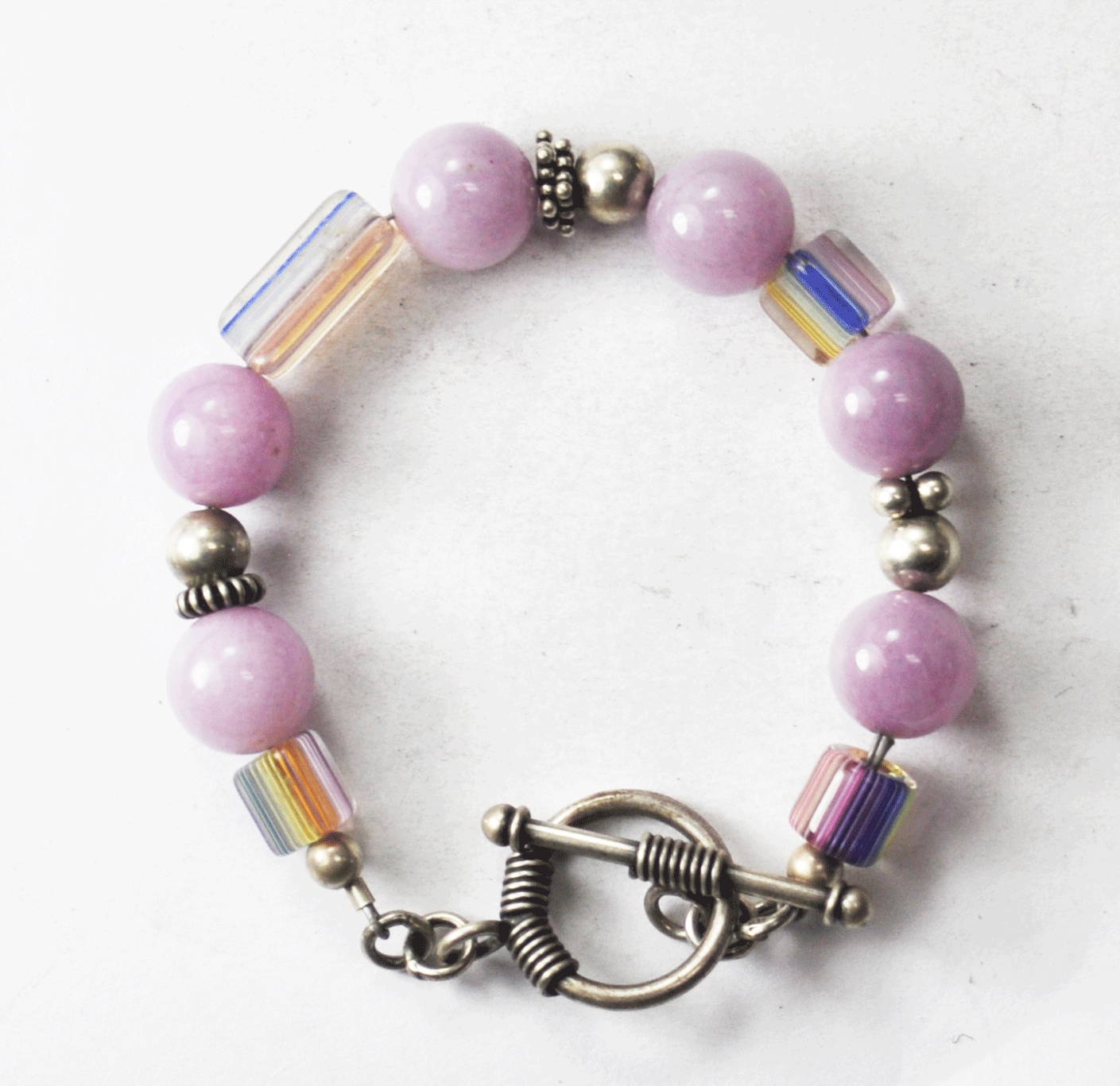 Silver Plate Lilac Round Rainbow Clear Bead Toggle Bracelet 10mm 6.5"