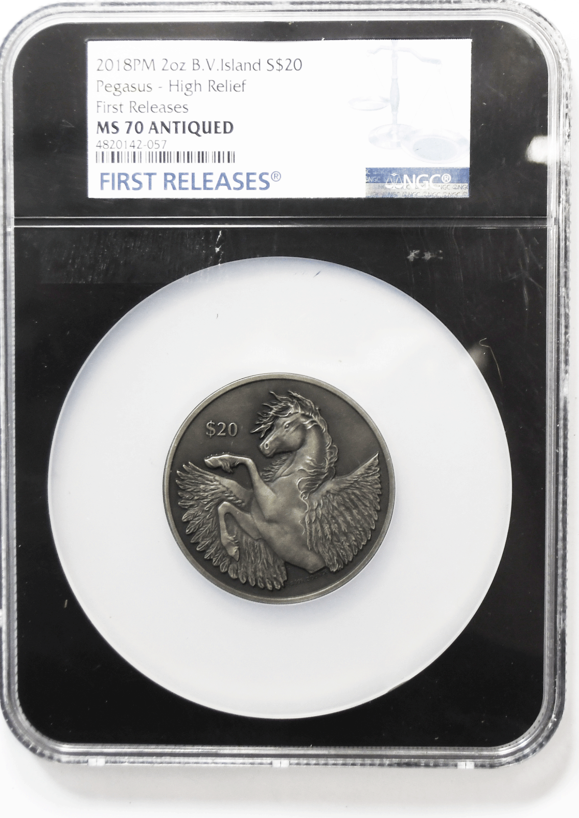 2018 PM 2oz. British Virgin Islands $20 Pegasus High Relief FR MS70 Antiqued