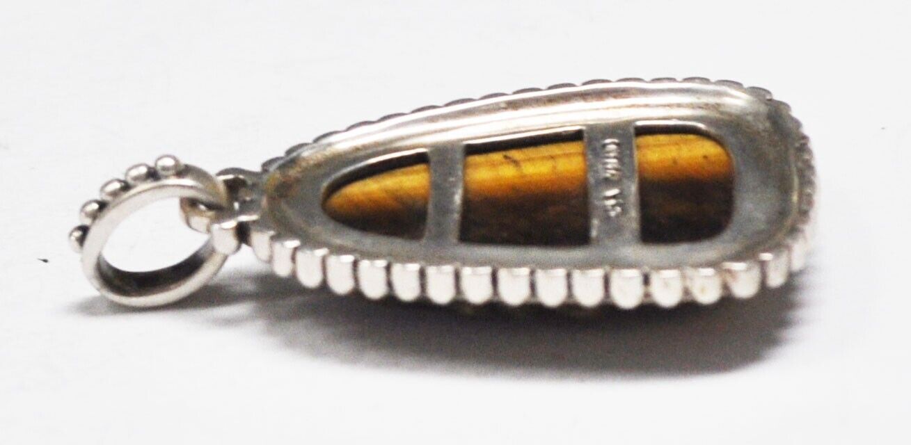 Sterling Silver Carve Flower Tigers Eye Pendant Dot Edge 47mm x 28mm