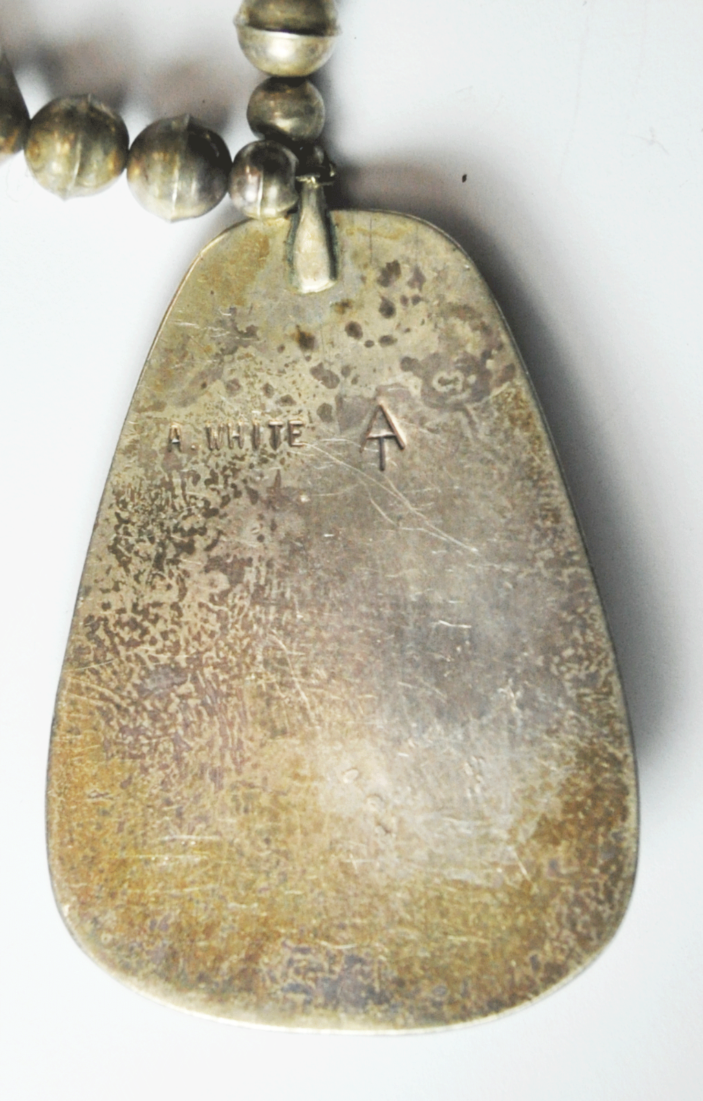 Sterling A White Turquoise Shadow Box 2-3/4" Pendant 12mm Bead Necklace 25"