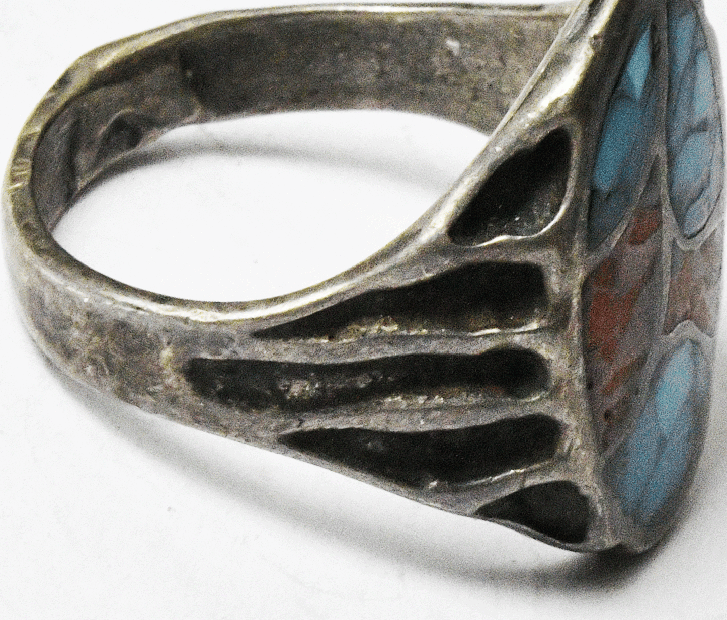 Sterling Silver Oval Coral Turquoise Chip Ring 22mm Size 9-1/2