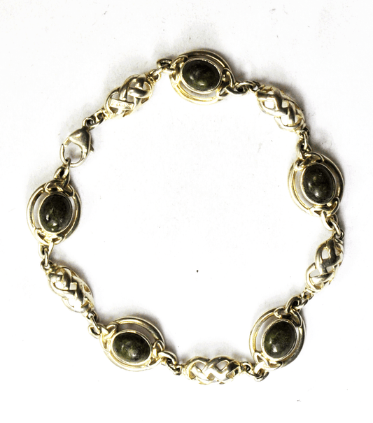 Sterling Silver Green Oval Serpentine Basket Weave Link Bracelet 12mm 7-3/4"