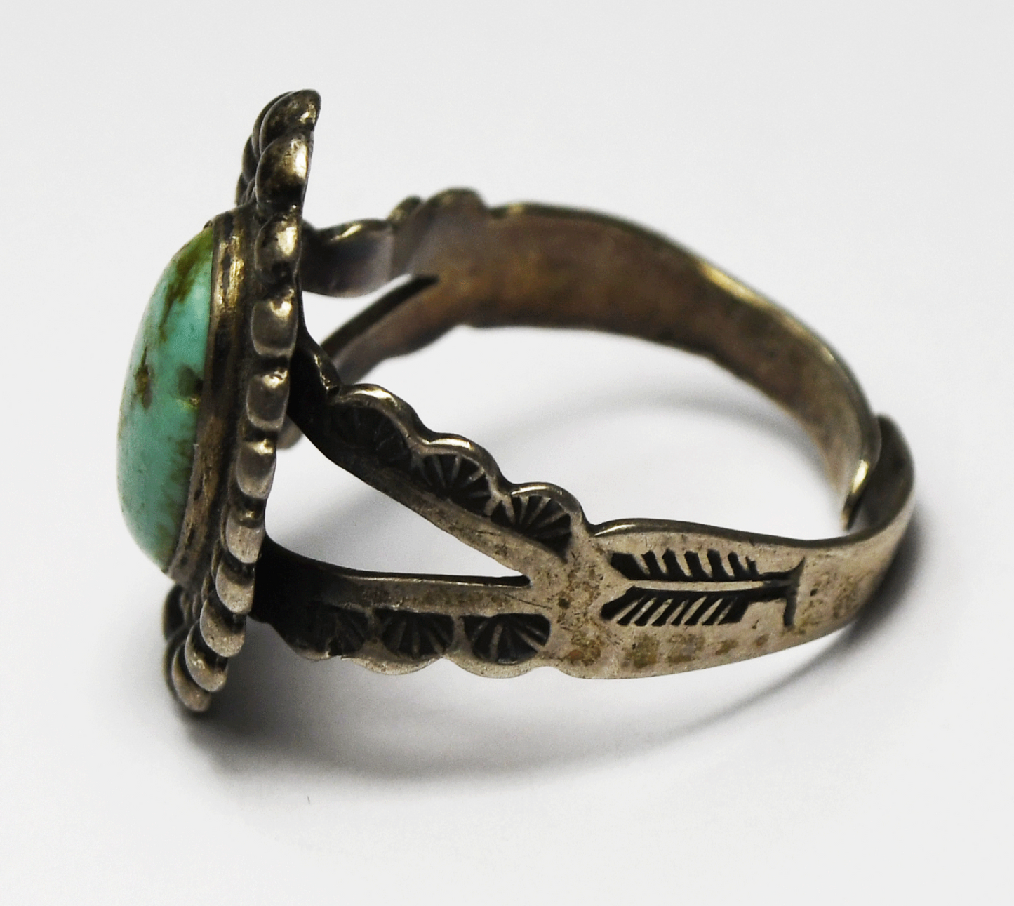Sterling Silver Turquoise Oval Antique Arrows Ring 21mm Size 5-1/2 Ajdustable