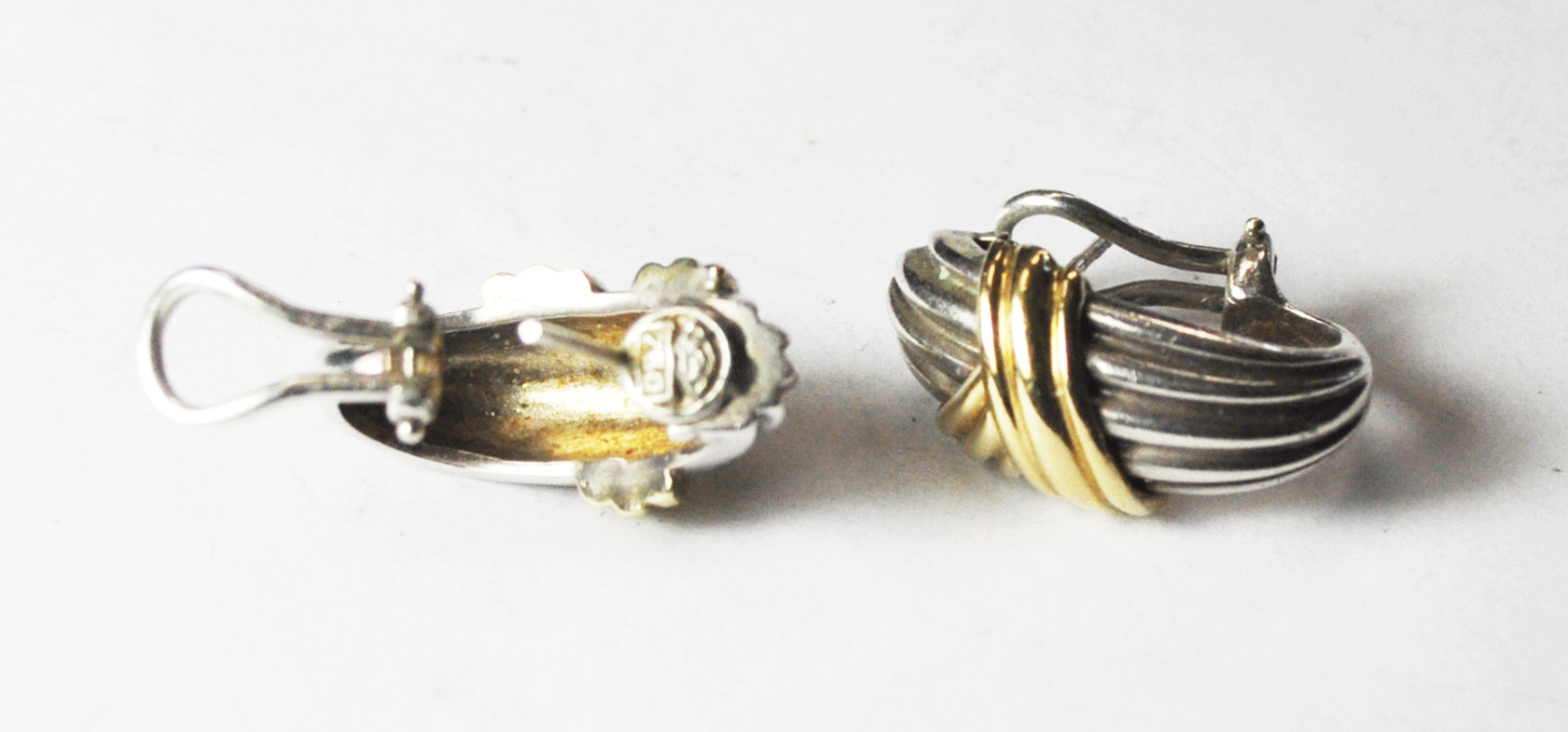 Sterling Silver Designer 18k Stripe Hoop Omega Earrings 13mm x 27mm