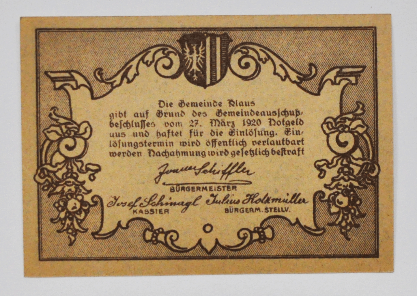 1920 10 Heller Austria Notgeld Banknote Klaus Uncirculated