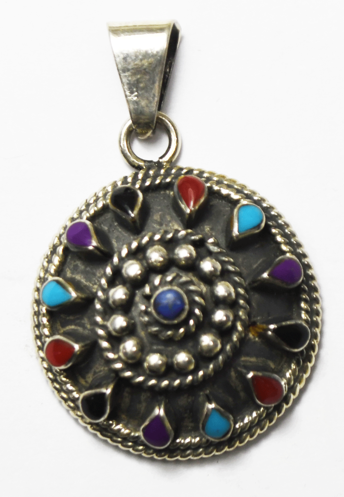 Sterling Silver Round Dot Multi Stone Domed Disc Pendant 44mm x 29mm