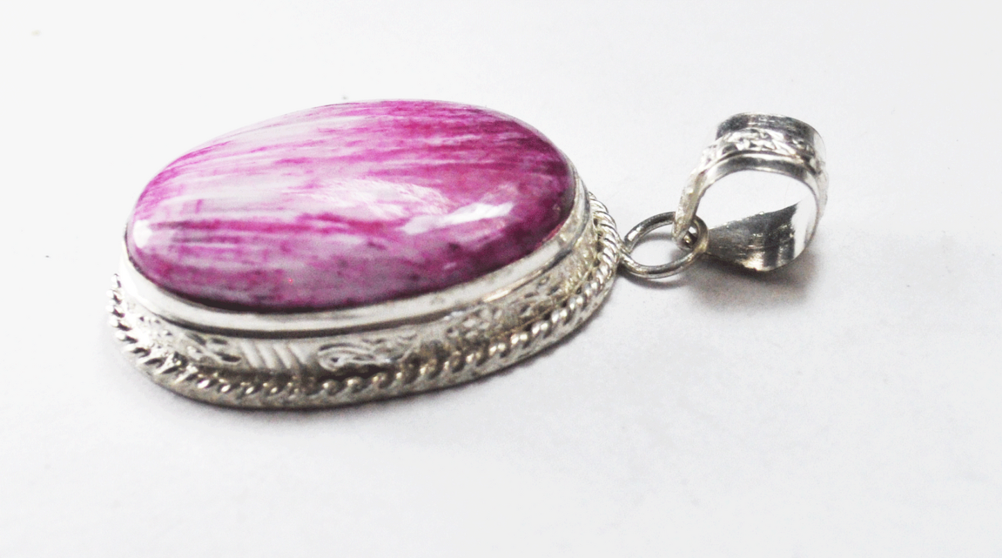 Sterling Silver Pink White Stripe Stone Oval Pendant 54mm x 27mm Pendant