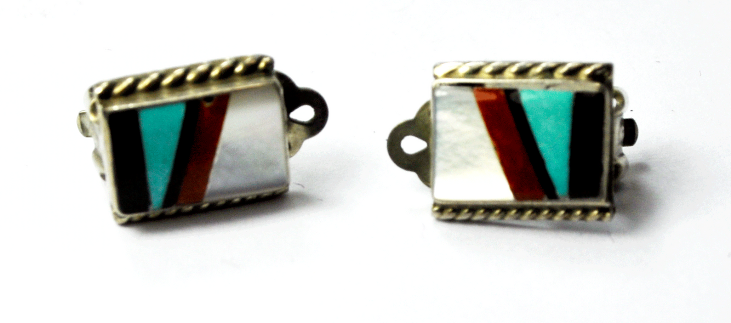 Sterling Silver Zuni Inlay Turquoise Coral MOP Rectangle Clip On Earrings 12mm