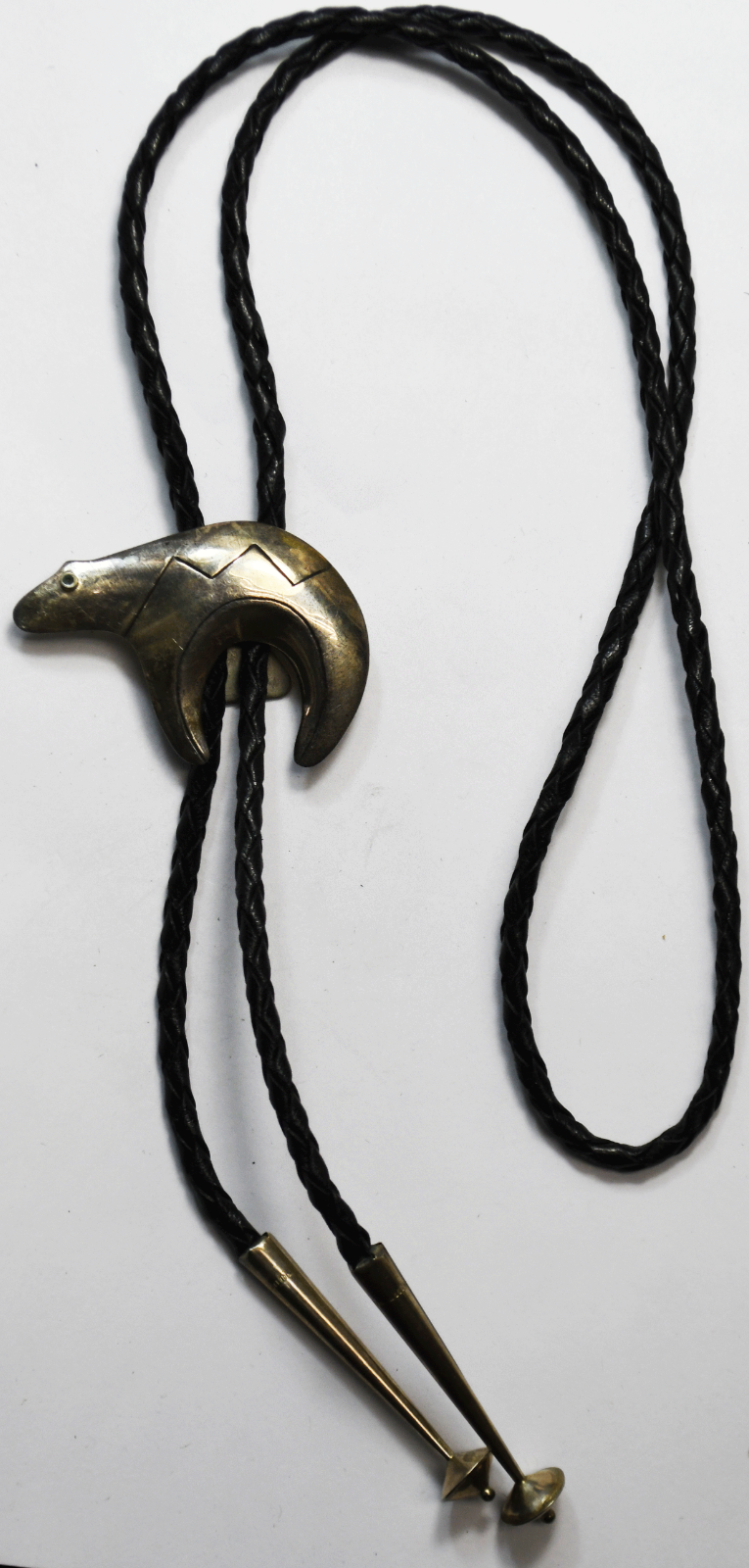 Sterling MC Signed 55x39mm Bear Bolo Tie Black Leather Cord 19"