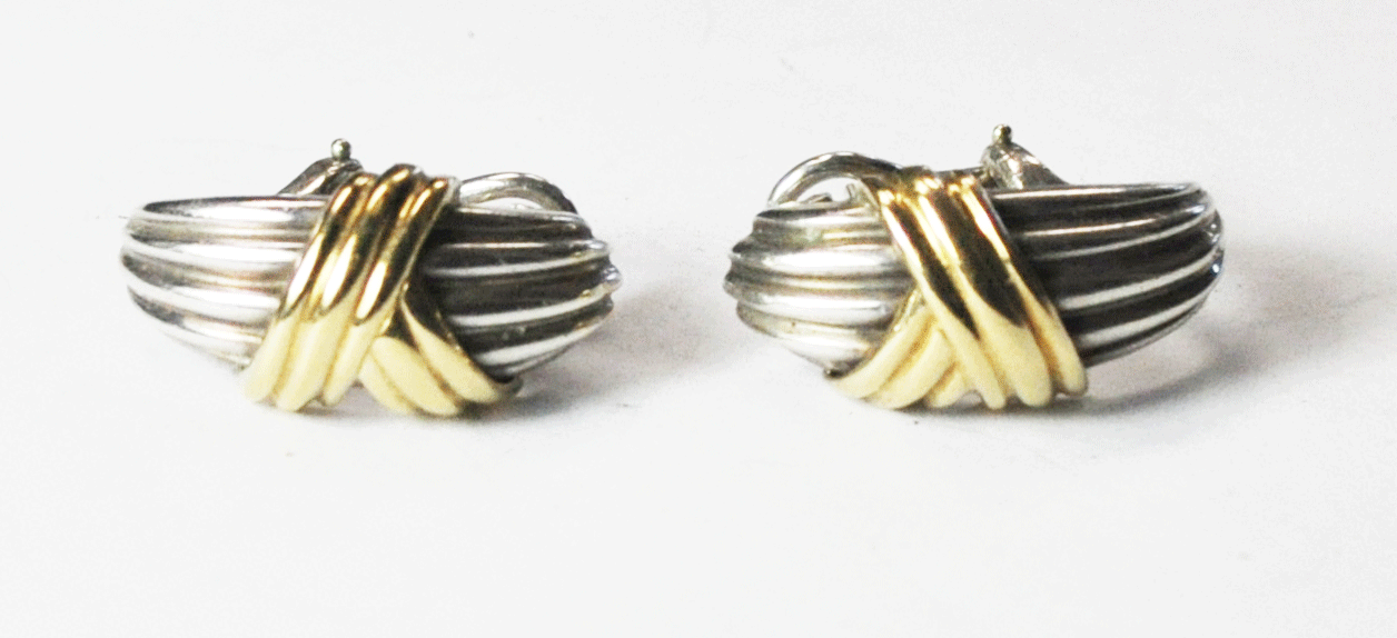 Sterling Silver Designer 18k Stripe Hoop Omega Earrings 13mm x 27mm