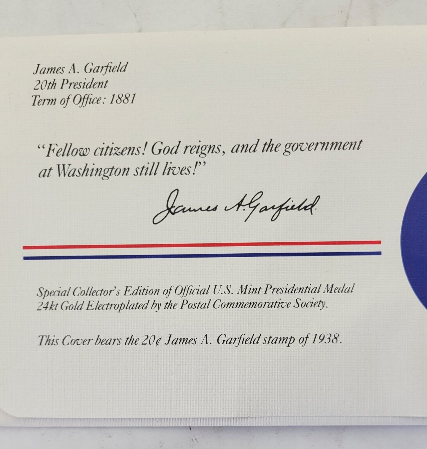 James Garfield Presidential Covers Medal Postal Commemorative Society Gold Plate
