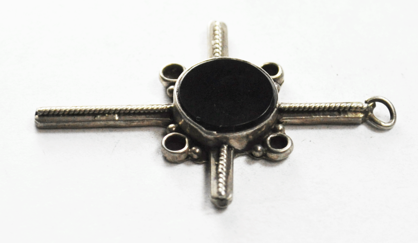 Sterling Silver Round Black Onyx Cross Pendant 47mm x 32mm