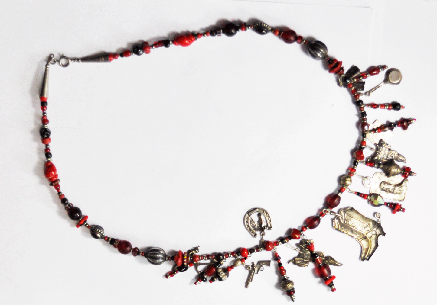 Sterling Silver Red Bead Southwest 2" Charm Necklace 23.5" Boots Pistol Saddle