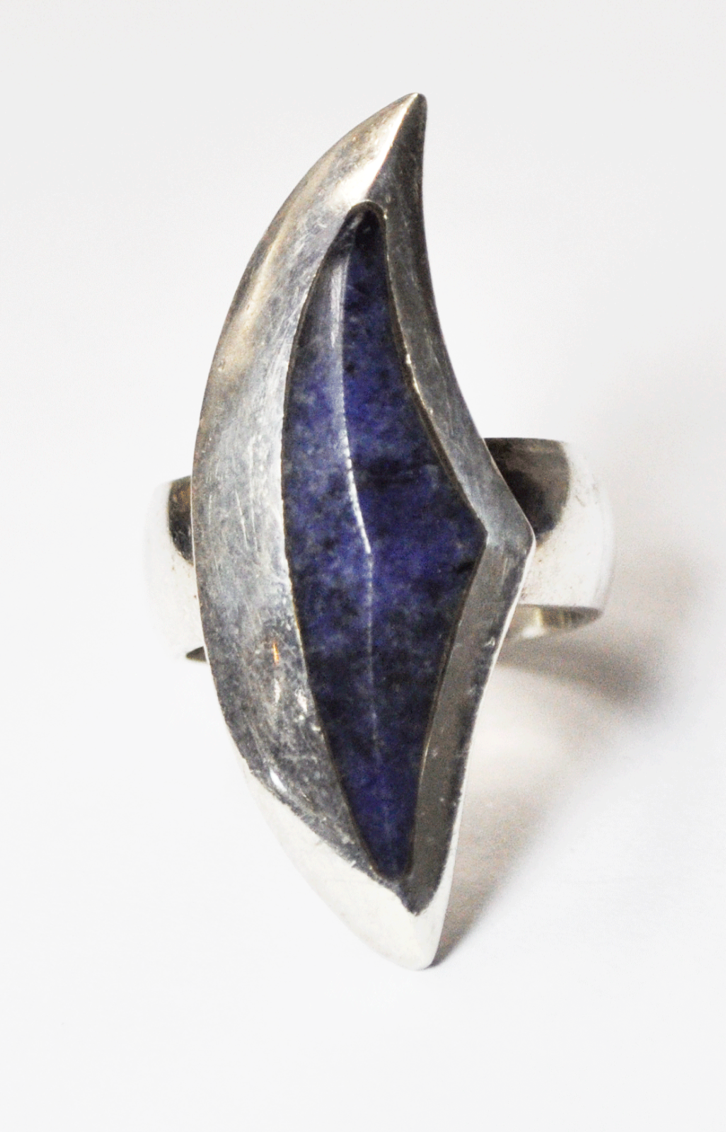 Sterling Silver Dumortierite Crescent Abstract Elongated Ring 37mm Size 7
