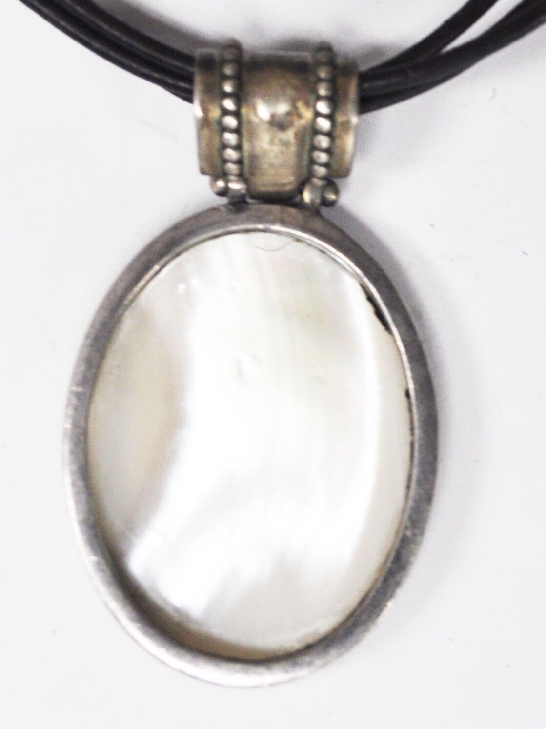 Sterling Oval MOP Large Bale 57mm Pendant 3 Cord Black Leather 17" Necklace