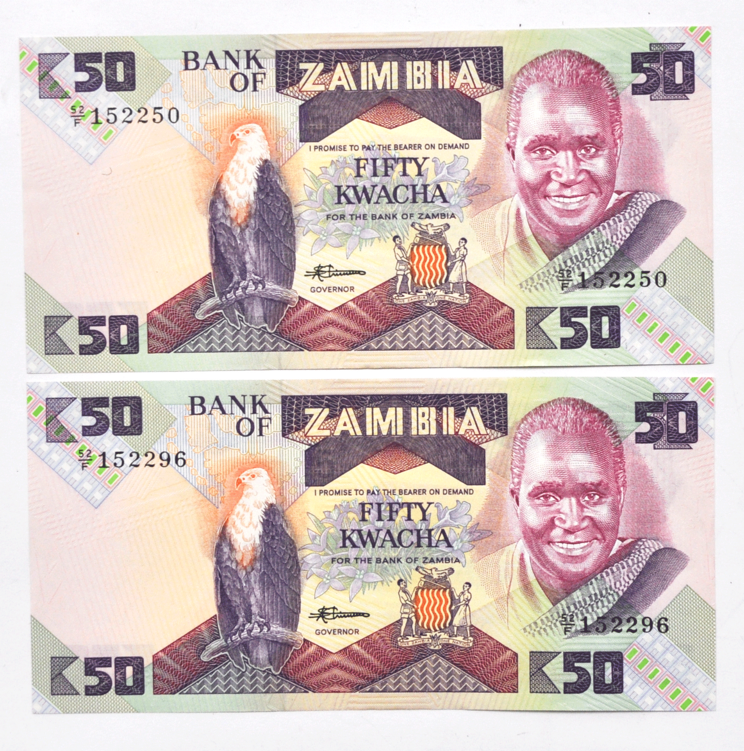 1986-88 Zambia 50 Fifty Kwacha Uncirculated 2 Notes 152250 152296