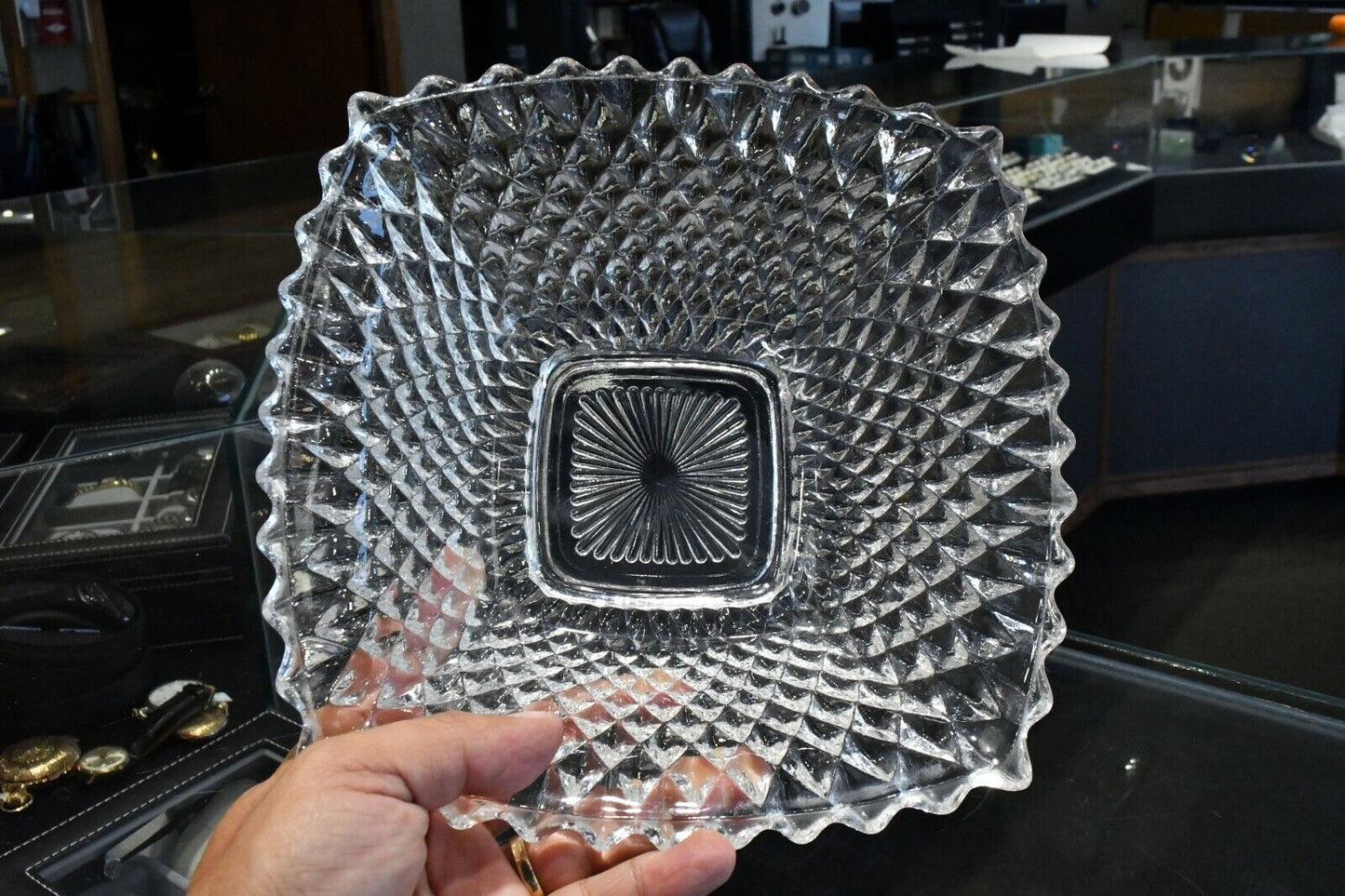 Vintage Molded Crystal Glass Square 8" x 8" Vegetable Bowl Candy Dish