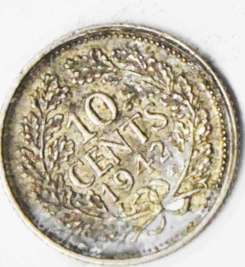 1942 P Curacao 10c Ten Cents Silver Coin KM# 37 Surinam