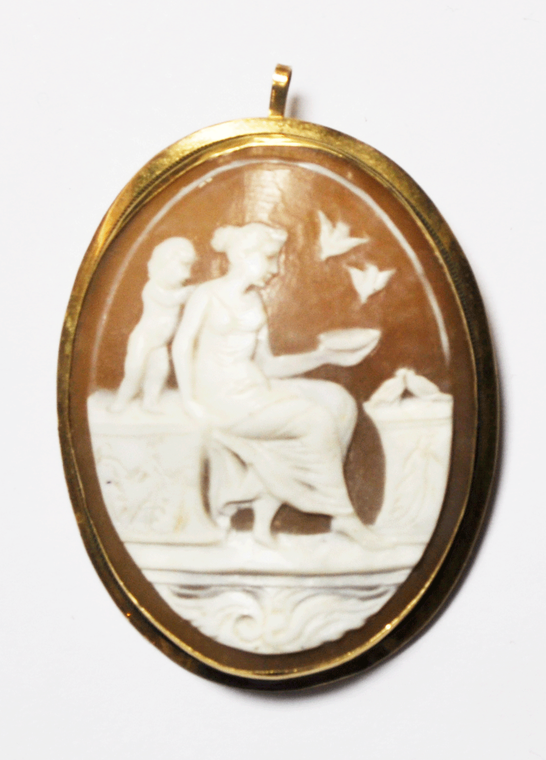 Antique 14k Shell Cameo Seated Mother Daughter Doves Brooch Pendant 1.5" by 2"