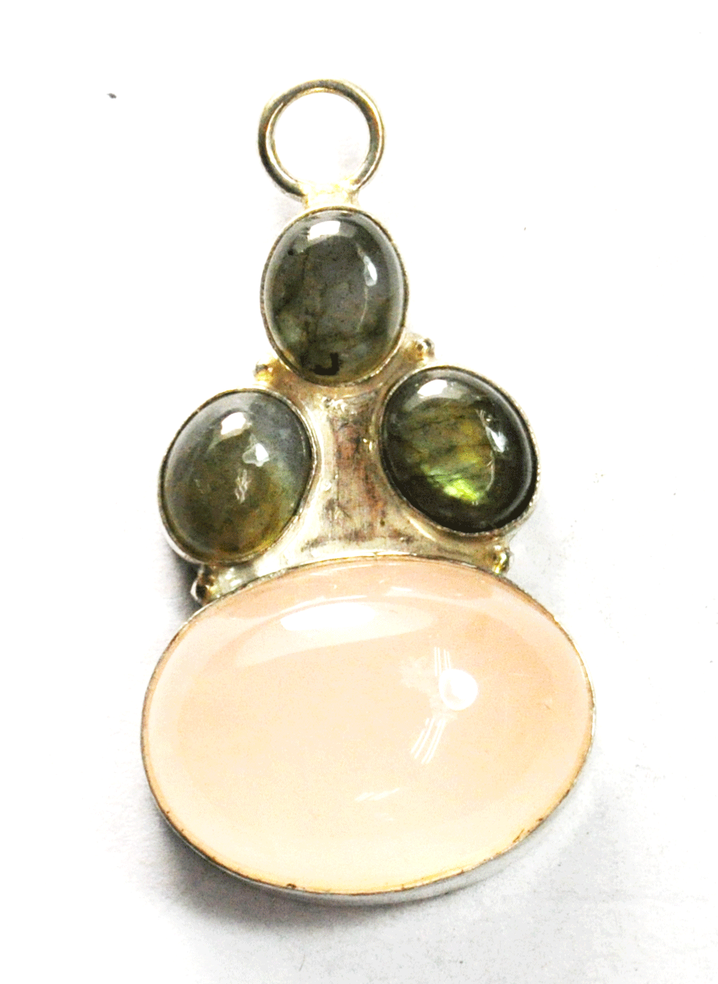 Sterling Silver Oval Labradorite & Pink Quartz Pendant 48mm x 26mm