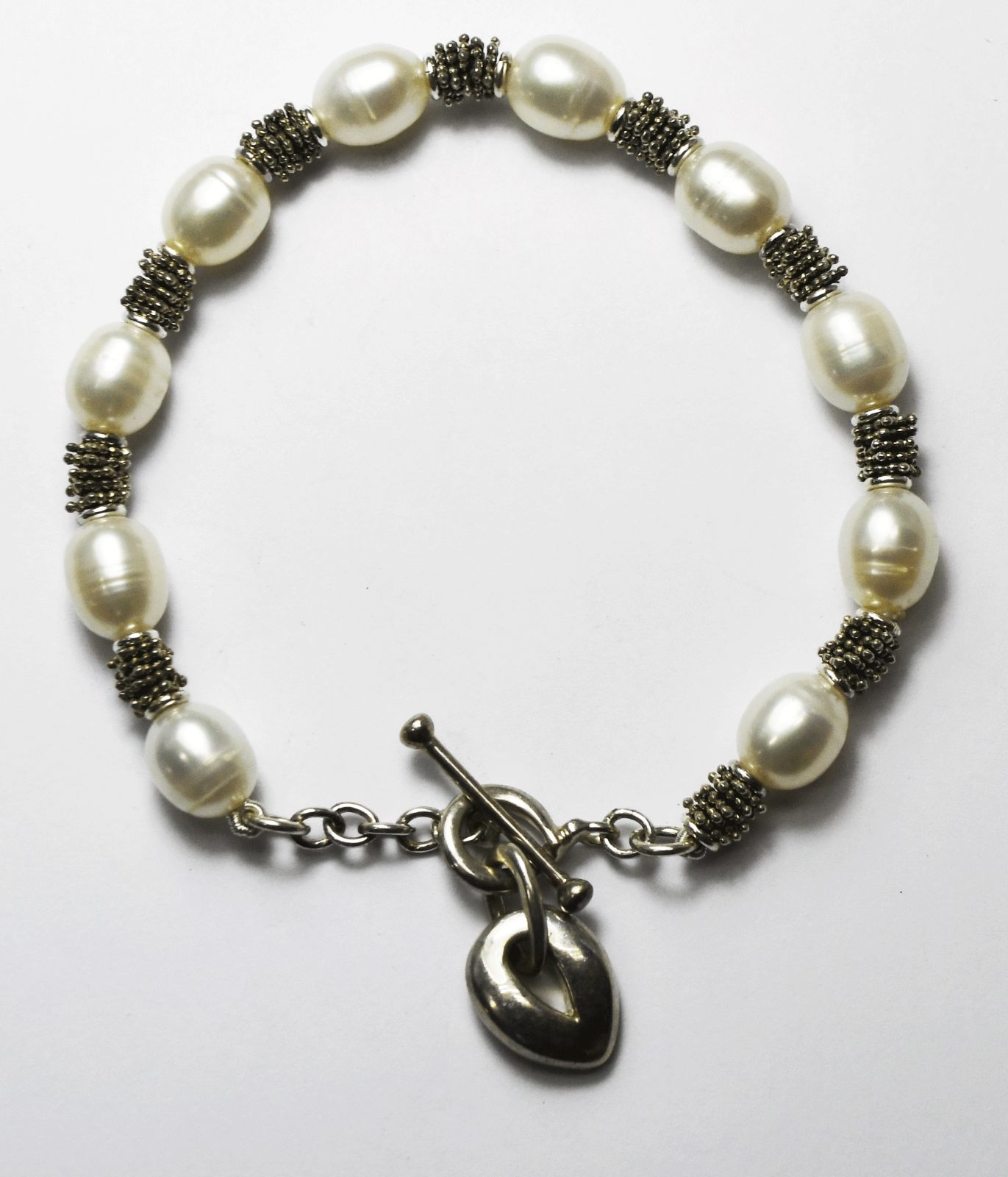 Sterling Silver Oval Pearl Beaded Toggle Bracelet Teardrop Ring 8mm 8.25" 22g