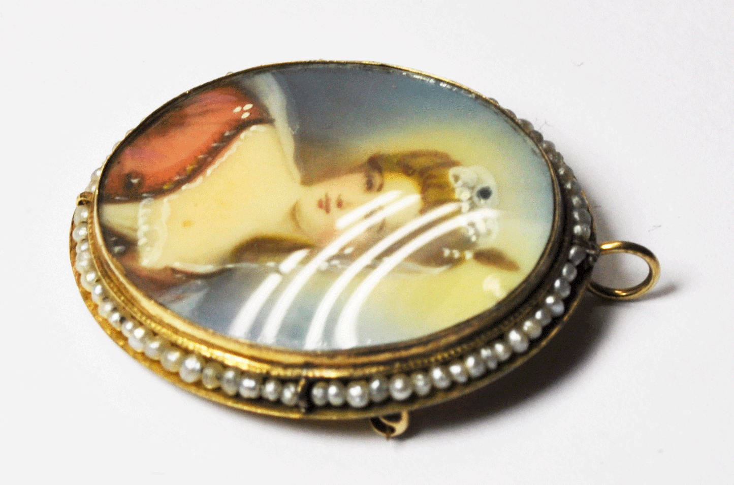 Antique 14k Gold Pearl Enamel Bust Portrait Brooch Pin Pendant 34mm Oval