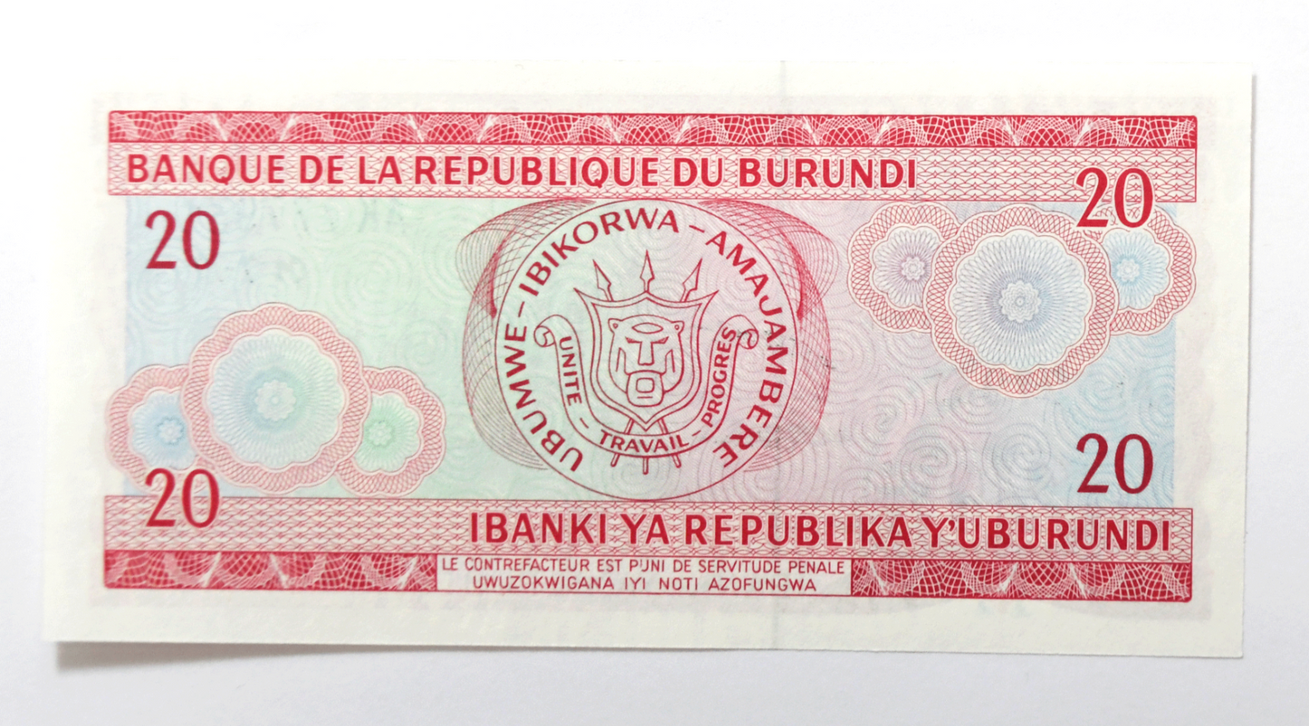 1977 Burundi 20 Francs Uncirculated Banknote AK777931