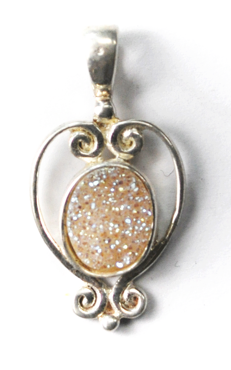 Sterling Silver White Orange Oval Sajen Druzy Quartz Pendant 29mm x 15mm