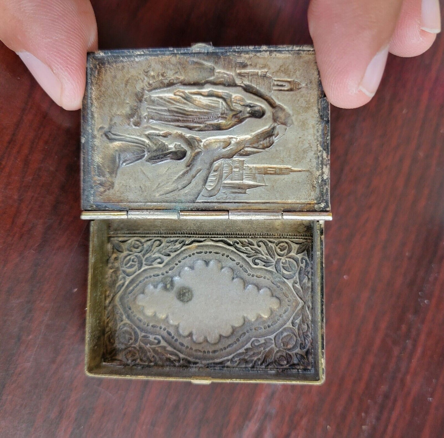 Vintage Depose Blessed Mother France Mary Silver Plated Book Pill Box 2"