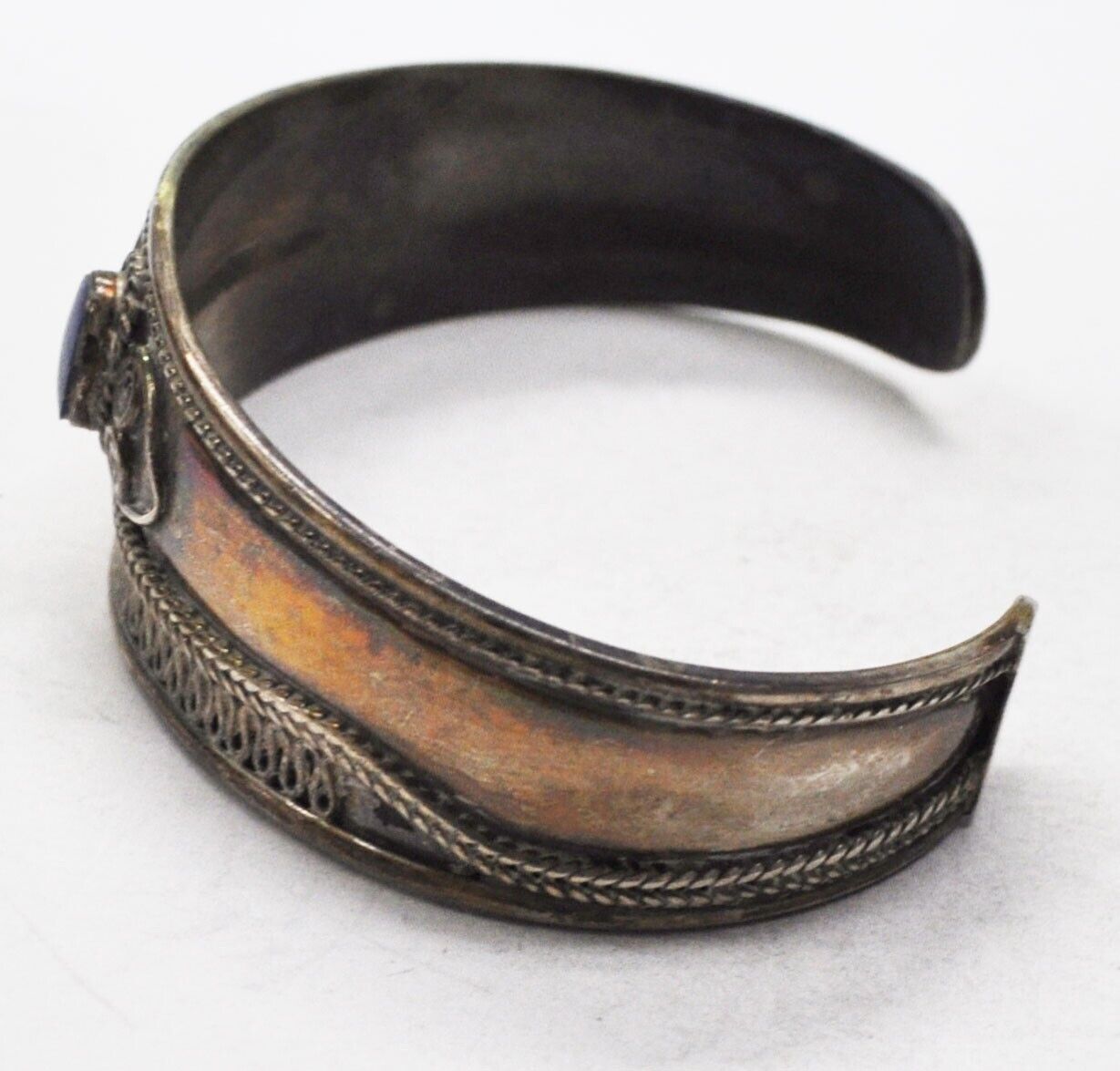 Sterling Silver Vintage Oval Lapis Cuff Bracelet 23mm 7" Wrist