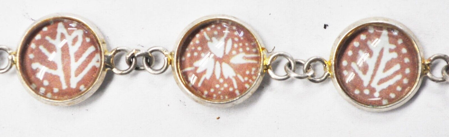 Silver Plated Round Pink & White Floral Dot Glass Link Toggle Bracelet 14mm 7"