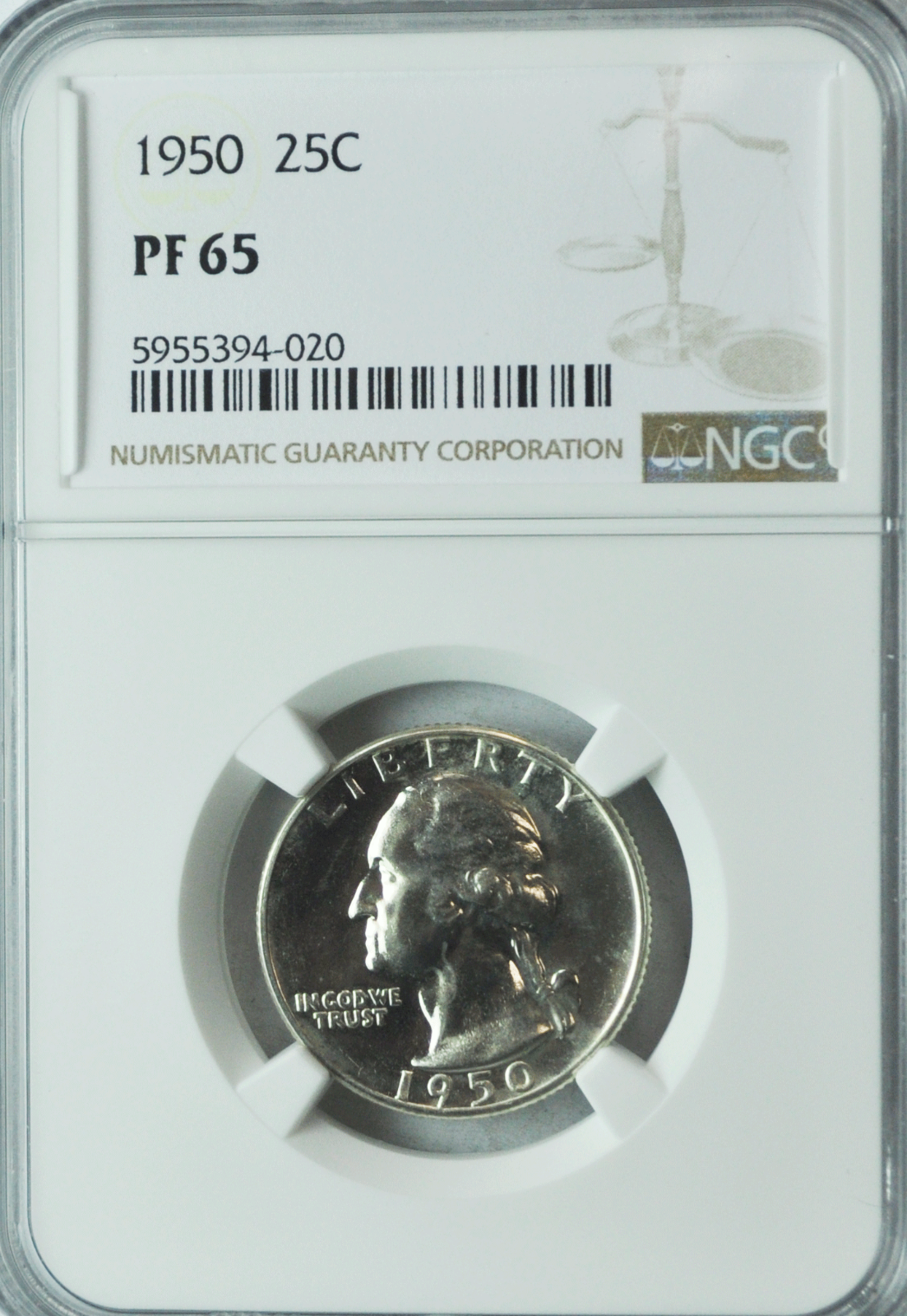1950 25c Washington Proof Silver Quarter Dollar NGC PF65